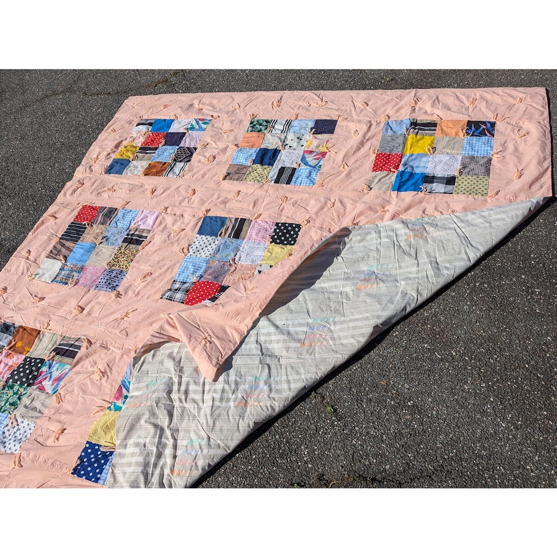 Handmade Patchwork Quilt Peach Yarn tassel 96" x 103"  Cabin Vintage KING/QUEEN