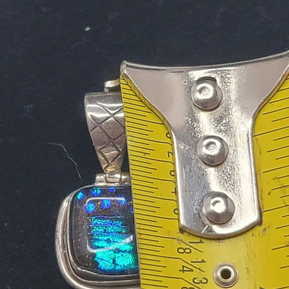 Vintage 925 Silver Abalone Shell Pendant Iridescent Blue Mosaic Stone
