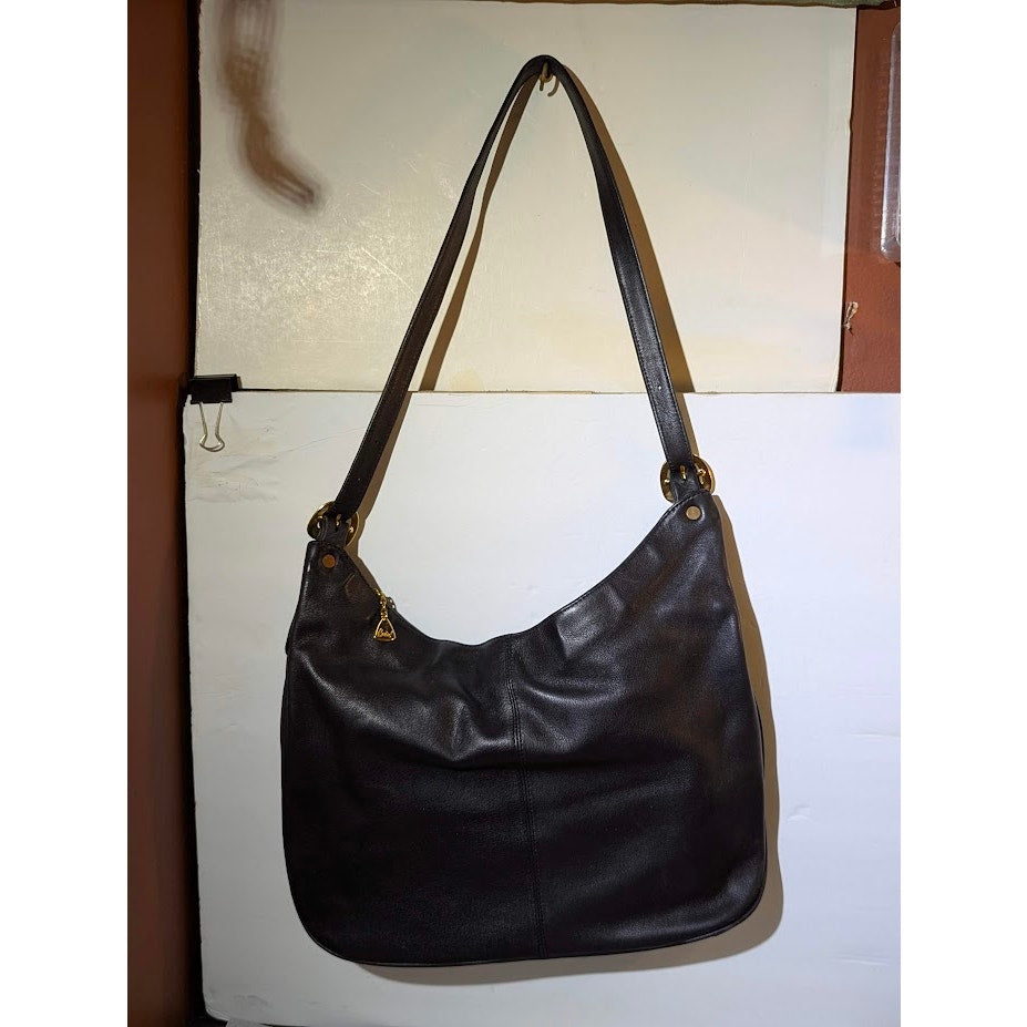 Brio! Vintage 80s Black Pebble Leather Crescent Hobo Shoulder Bag Gold Charm