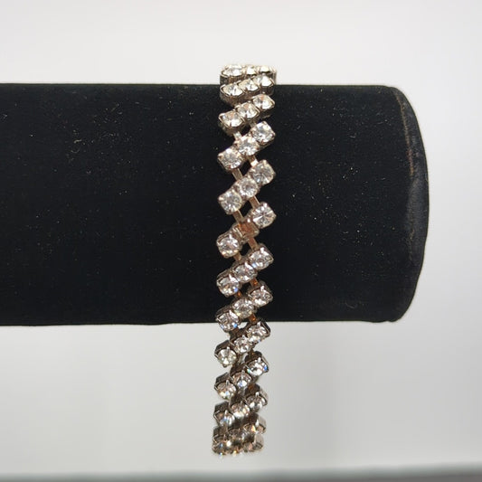 Vintage Old Money Three Row Clear Rhinestone Silver Tone Bracelet Bridal