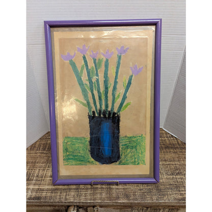 Vintage Original 1986 Naive Floral Pastel Art Framed Outsider Kevin Beason frame