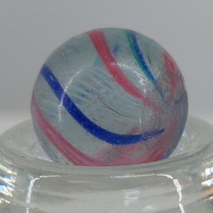 VintageGerman Latticino Glass Marble 5/8" Blue Pink White Ribbon Swirl - BoxA4