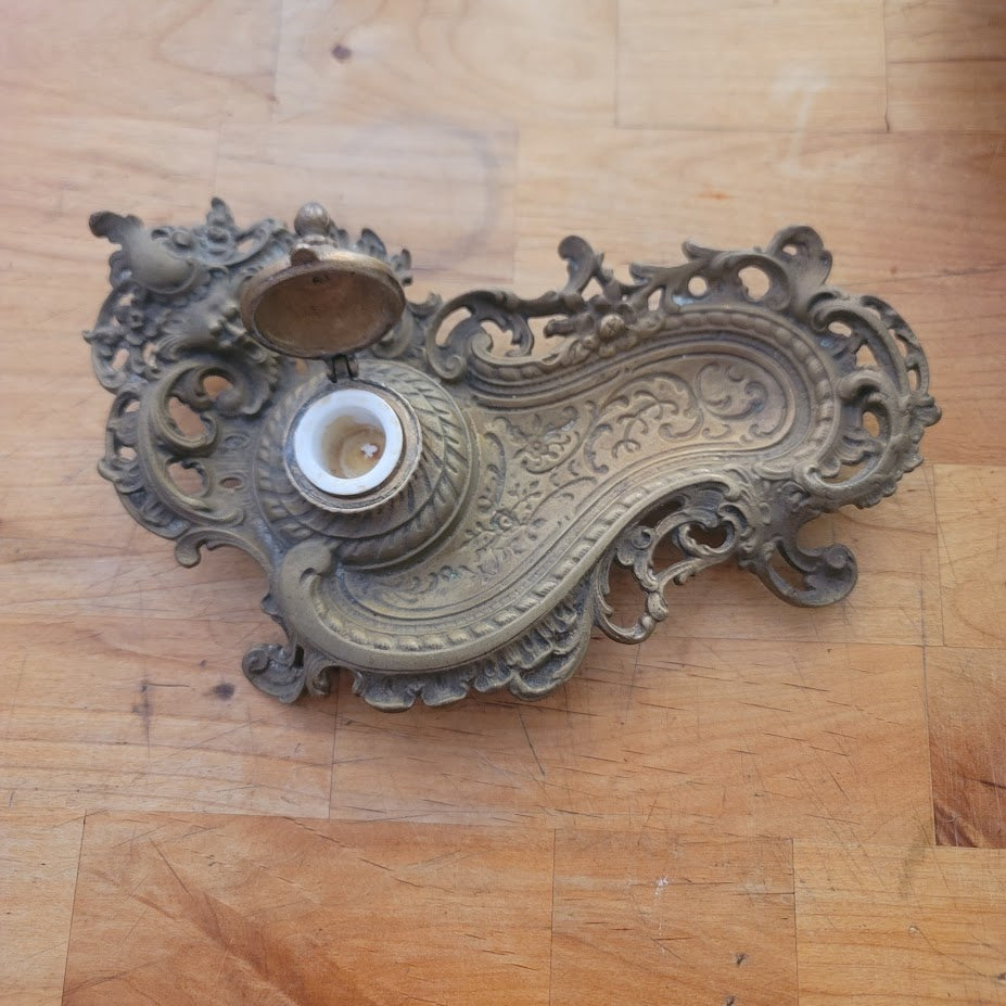 Antique Ornate Brass Grotesque Mascaron Inkwell Victorian Rococo Pen Tray