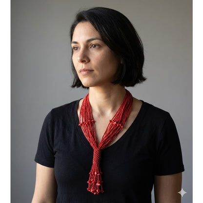 Vintage Red Seed Bead Tassel Necklace Multi Strand Waterfall Boho Statement 18"