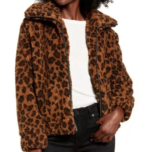 BB Dakota Leopard Print Coat Large Womens Full Zip Brown Black Long Sleeve