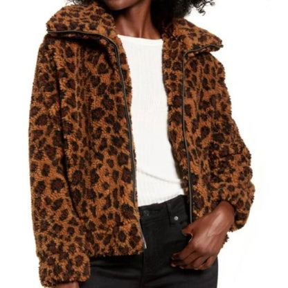 BB Dakota Leopard Print Coat Large Womens Full Zip Brown Black Long Sleeve