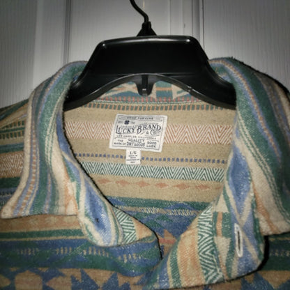 Lucky Brand Men's Green Tan Patterned Shirt Jacket Aztec Button Down LARGE heavy