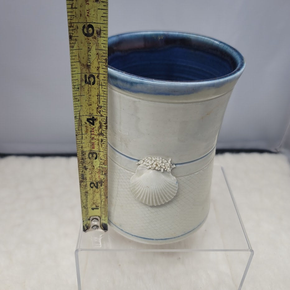 Wakulla Clay '86 Handmade Art Studio Pottery Vase Tumbler White Blue Sea shell
