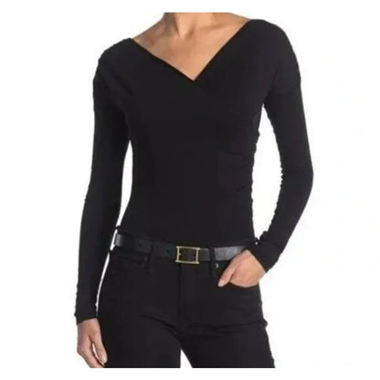 Abound Double V-Neck Surplice Wrap Pull On Bodysuit Size Large in Black NWT