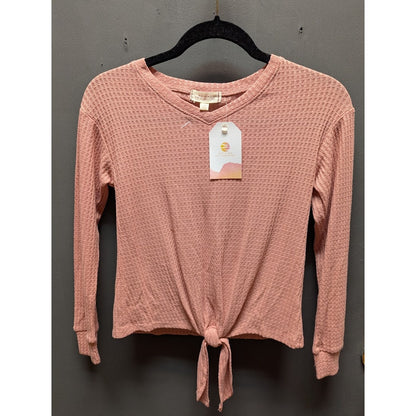Walking Sunshine Size Medium top shirt Pink waffle knot long sleeve tie waist
