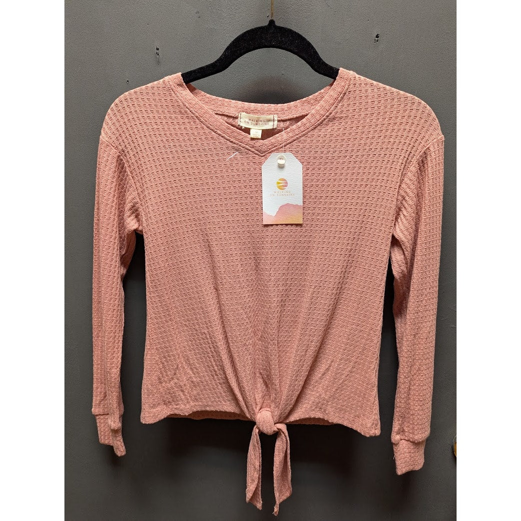 Walking Sunshine Size Medium top shirt Pink waffle knot long sleeve tie waist