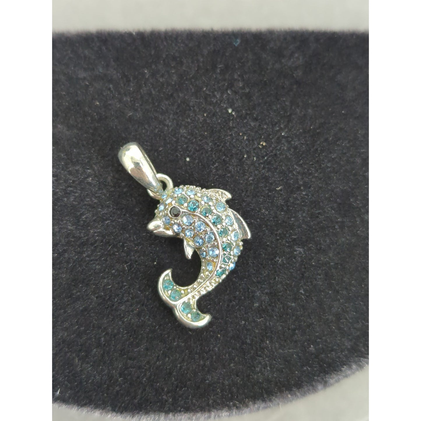 Vintage Silver Tone Blue Rhinestone Dolphin Charm One Inch Coastal Nautical