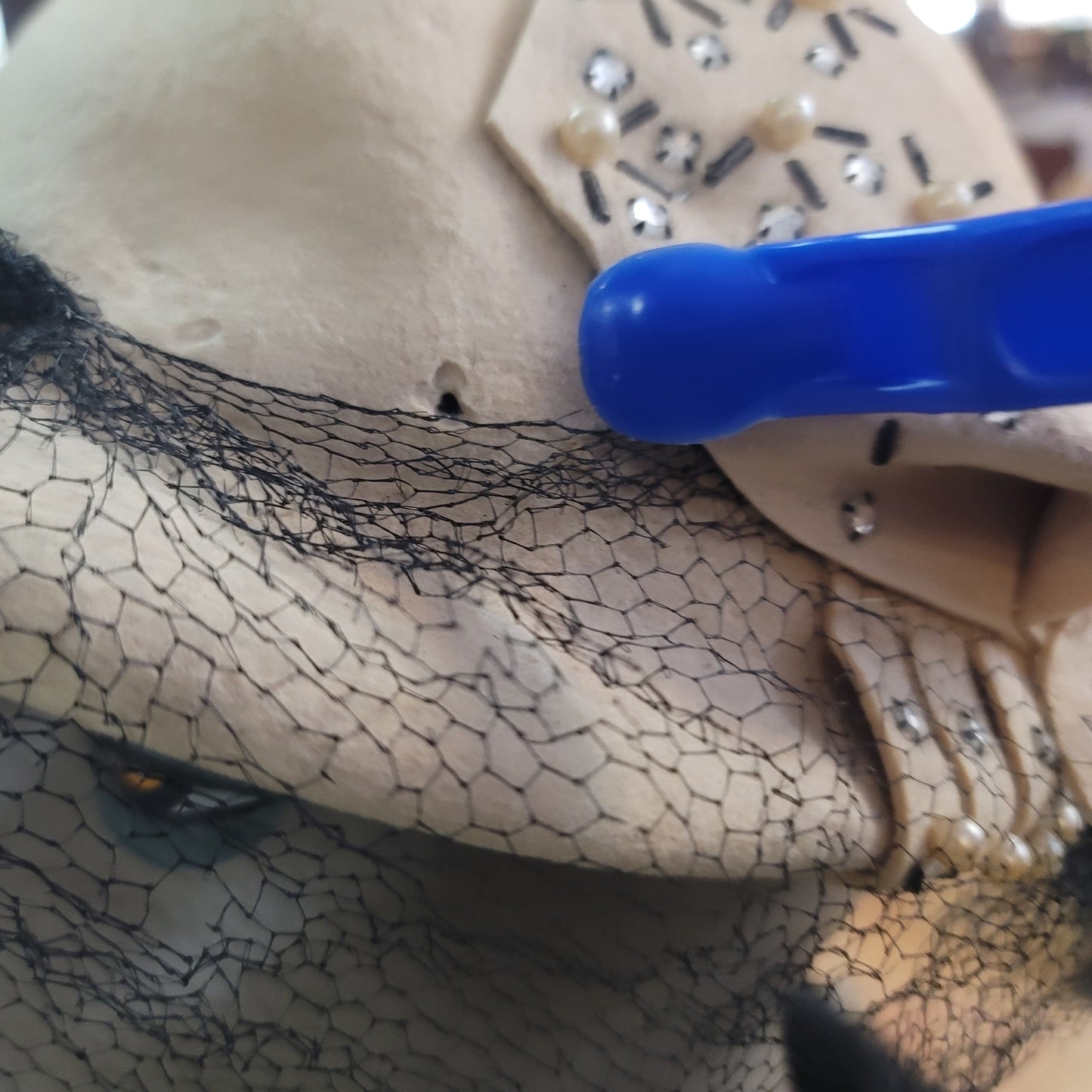 Vintage Hornberger Berkshire Wool Hat Cream Rhinestone Netting 1950s