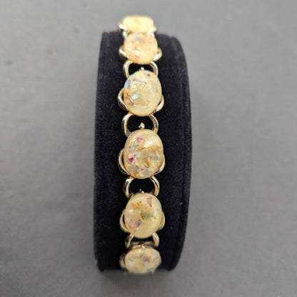 Vintage 1950s Confetti Lucite Bracelet & Earring Set Goldton Clip on Atomic 1950