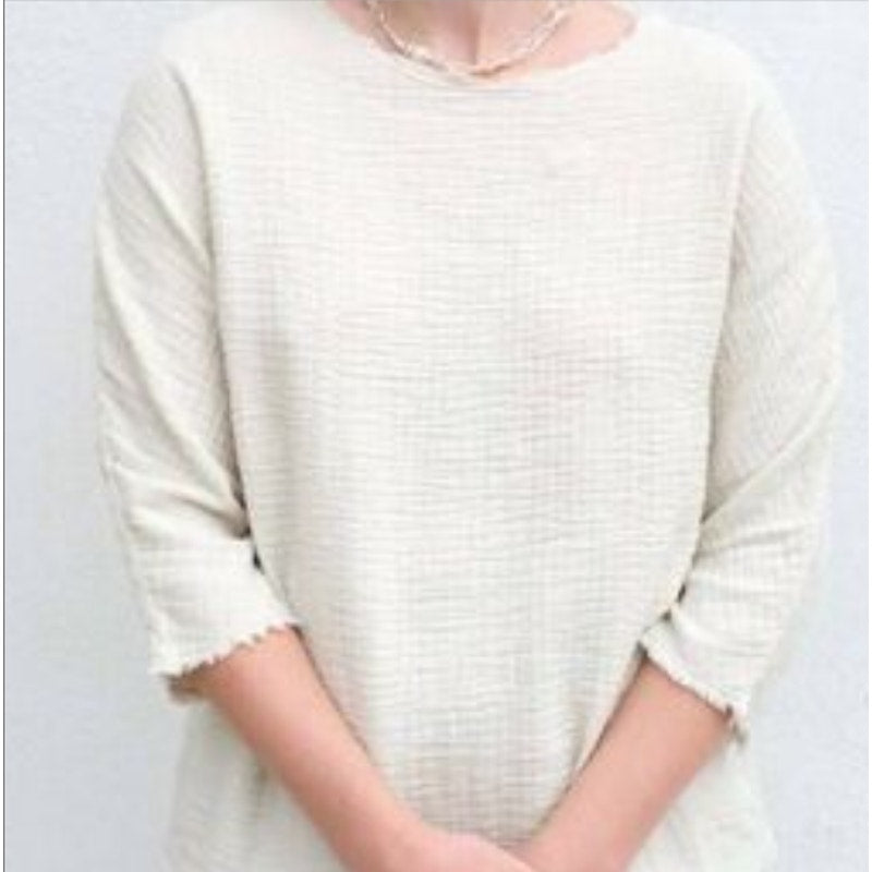 Eileen Fisher Gauze Medium Organic Cotton Raw edge textured Cream blouse top