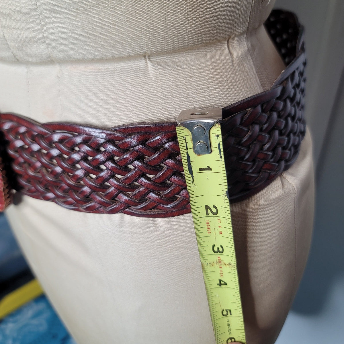 Vintage faux vegan braided leather wide belt Medium adjustable brass buckle
