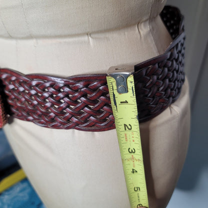 Vintage faux vegan braided leather wide belt Medium adjustable brass buckle