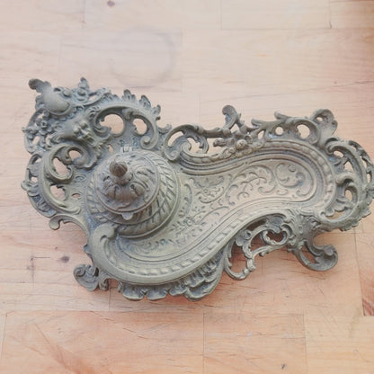 Antique Ornate Brass Grotesque Mascaron Inkwell Victorian Rococo Pen Tray