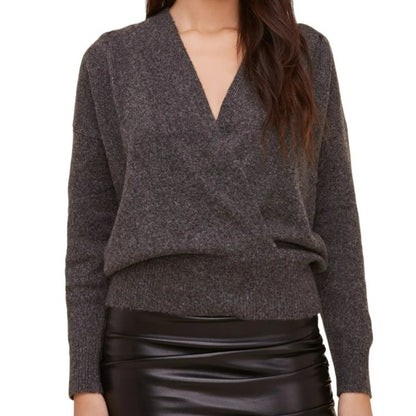 NWT Astr The Label Pleated Plunge Wrap Front Sweater Sz Medium in Charcoal