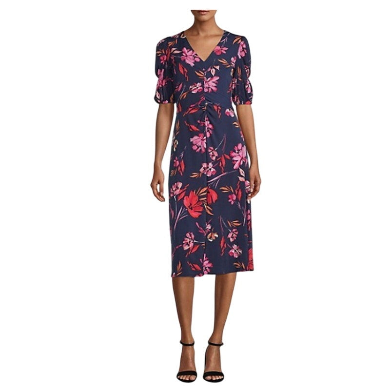 Vince Camuto Floral Blue Midi Dress Size 12 NEW $178  1/2 Sleeve Casual Career