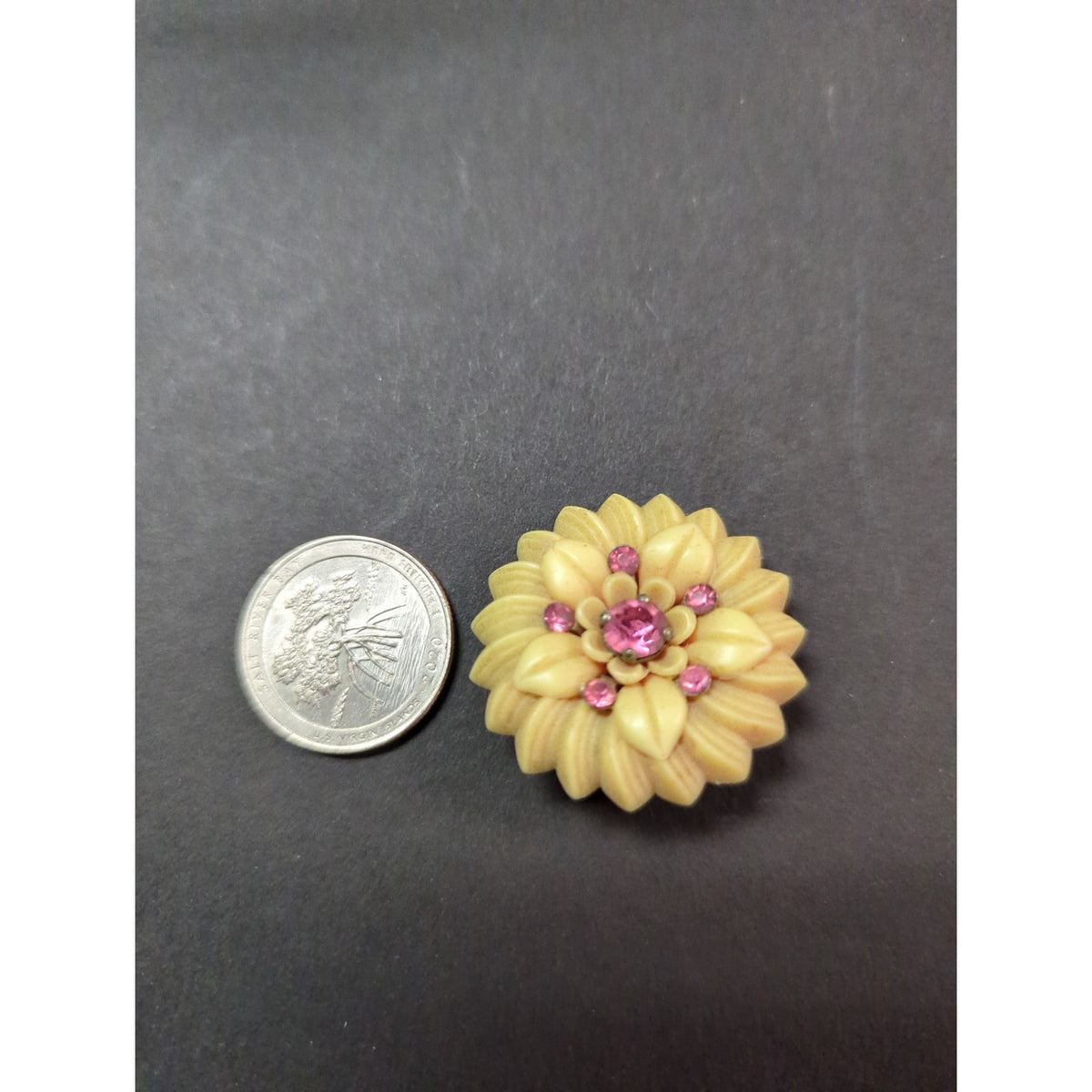 Vintage 1950s Cream Molded Celluloid Flower Pink Rhinestone Clip On Earrings