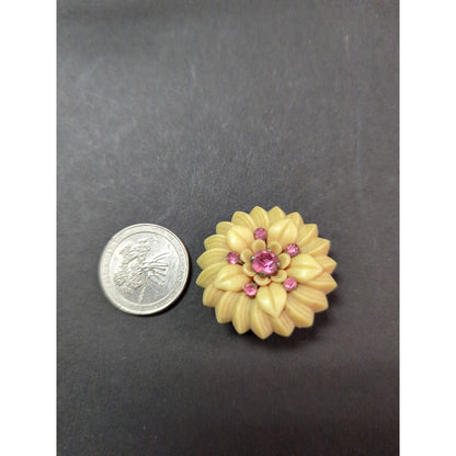 Vintage 1950s Cream Molded Celluloid Flower Pink Rhinestone Clip On Earrings