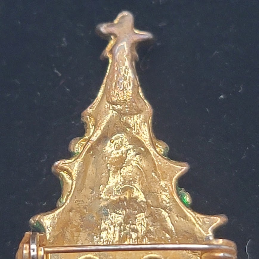 Vintage Art Deco Rhinestone Green Enamel Christmas Tree Brooch Pin Mid-Century