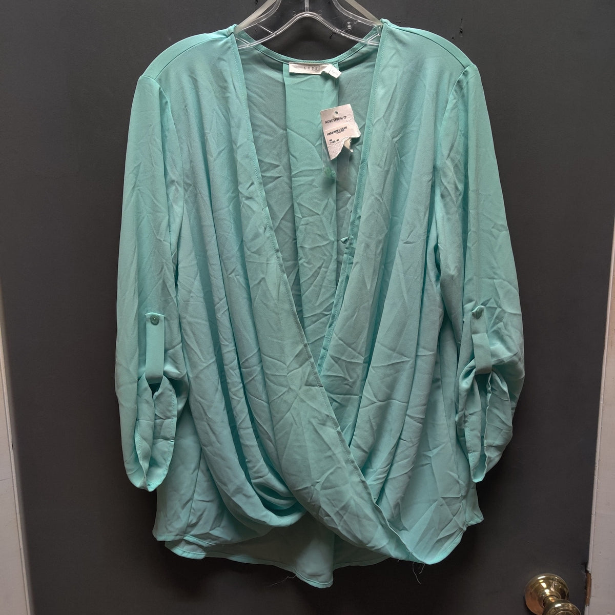 Lush Mint Green Wrap Blouse Flowy V-Neck Casual Elegant Long Sleeve Extra Large