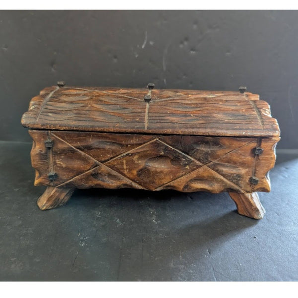 Vintage Nailhead Hinged Carved Wood Box Spain Medieval Decor Collectible Jewelry