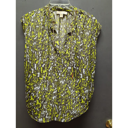 ichael Kors Citron Green Grey Abstract Print Sleeveless Tie Neck Blouse XS Class