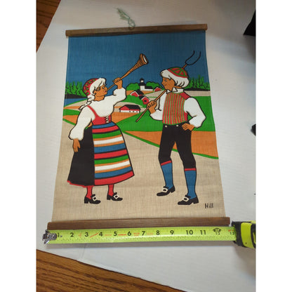 Vintage Scandinavian Burlap Wall Hanging Swedish Folk Art Hill Fabric Scroll