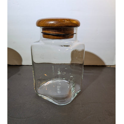 Vintage MCM Clear Glass Canister with Teak Sealed Lid 5" apothecary storage