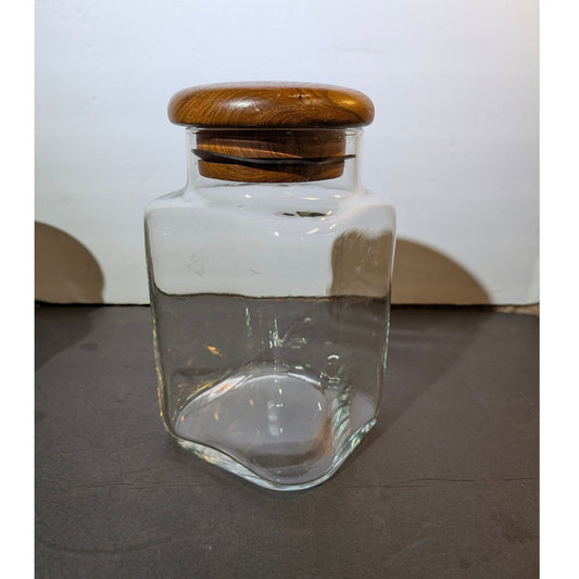 Vintage MCM Clear Glass Canister with Teak Sealed Lid 5" apothecary storage