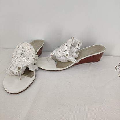 Jack Rogers White Leather Wedge Sandals Size 10 Whipstitch Preppy Resort Wear