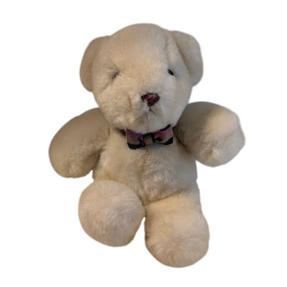 Stuffed Animal PLUSH teddy bear Gund white 8" bowtie 1985 retro