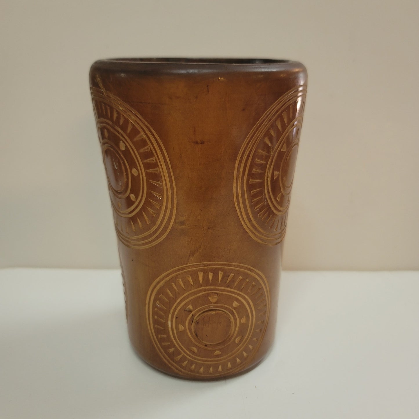 Wood vase brush cutlery holder Handmade carved turned tribal design 7" Organic