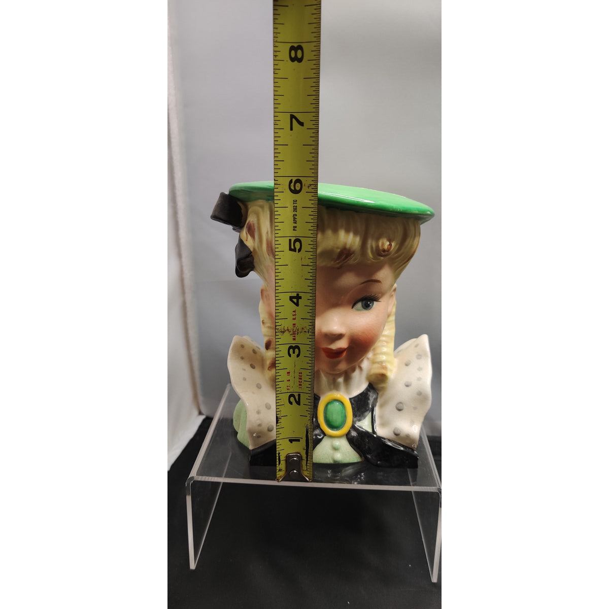Vintage 1950s Blonde Lady Head Vase Planter Green Hat Polka Dot Bow Kitsch MCM