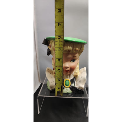 Vintage 1950s Blonde Lady Head Vase Planter Green Hat Polka Dot Bow Kitsch MCM