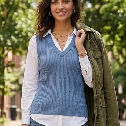 Preston & York Blue Ribbed Sleeveless Sweater Top Size Medium faux collar