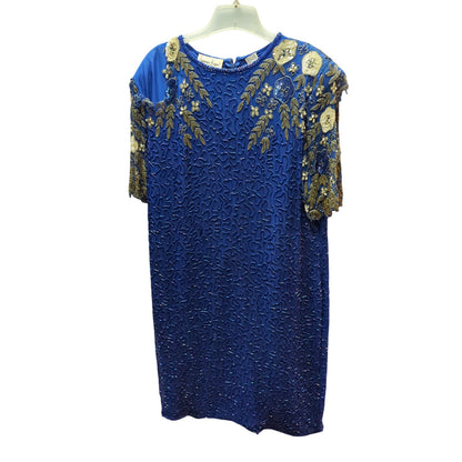 Vintage Laurence Kazar Silk Beaded Dress Royal Blue Sequin Flawed Repair 1X