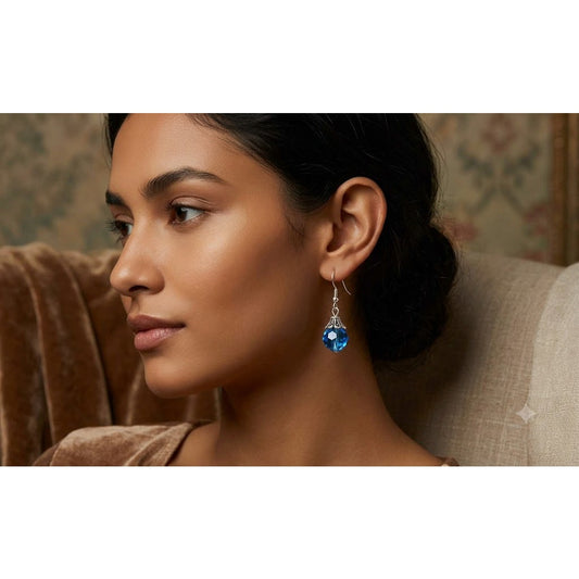 Vintage Silver Tone Blue Bead Dangle Earrings Boho Y2K Aesthetic Fashion