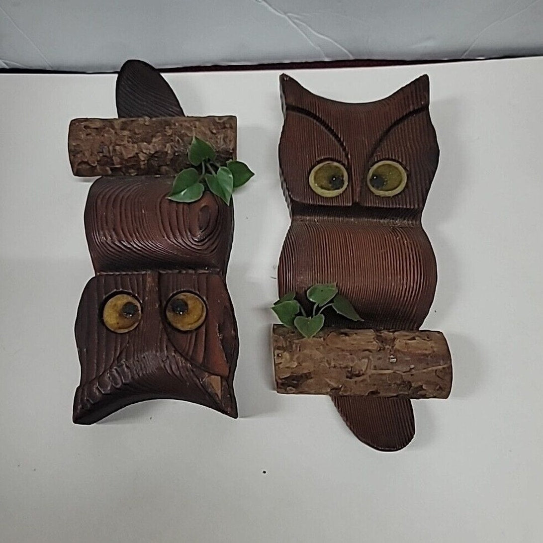 PAIR 9.5" MID Century Modern Carved Wooden Owl on Branch Big Eyes BOHO Lot Of 2