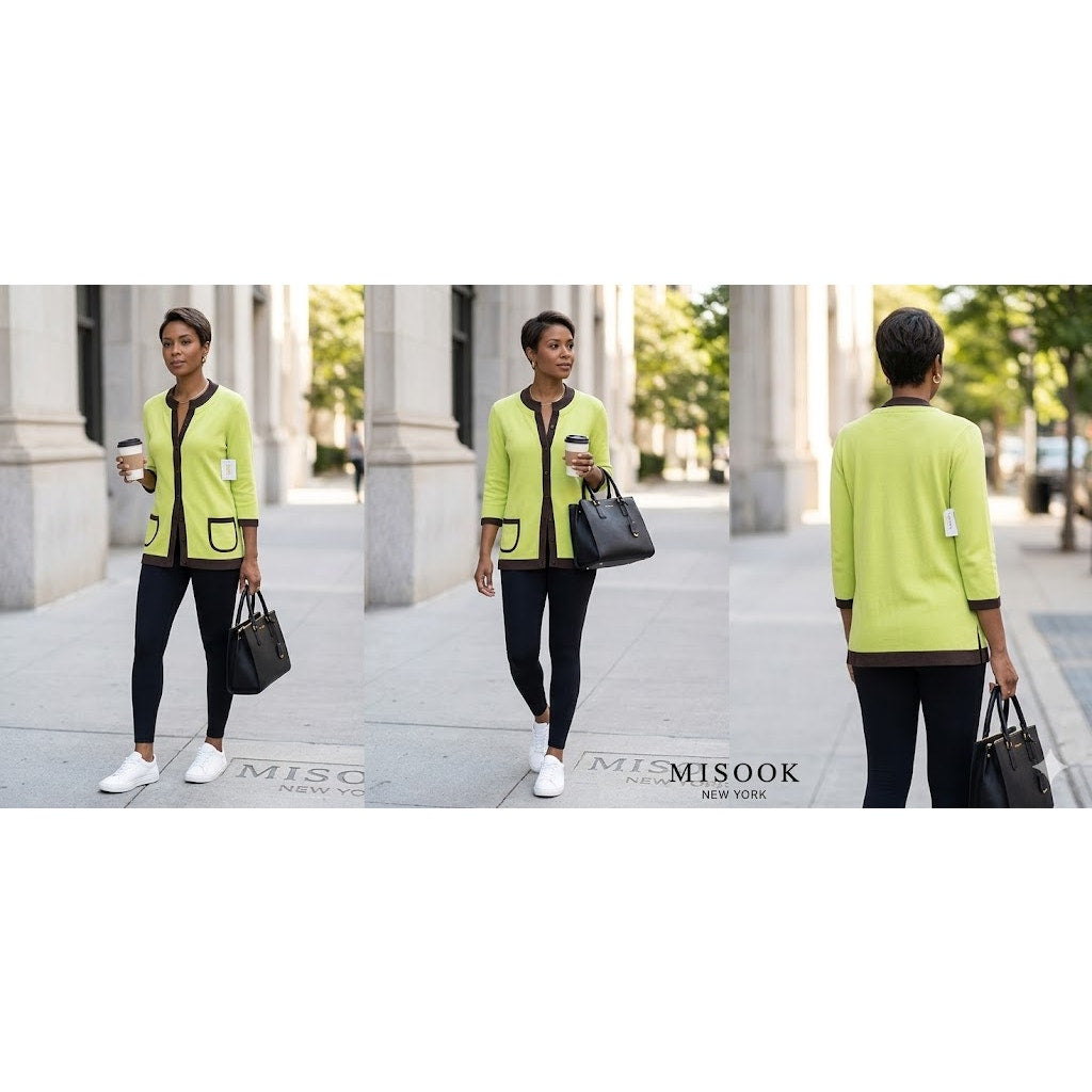 Exclusively Misook Lime Green Contrast Knit Cardigan Jacket NWT Luxury Workwear