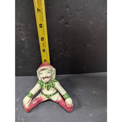 Vintage Elf Pixie Gnome Figurine Seated Smiling Green & Maroon Happy Imp Retro