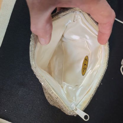 Vintage Beaded Evening Bag Cream Metallic Clutch damaged strap