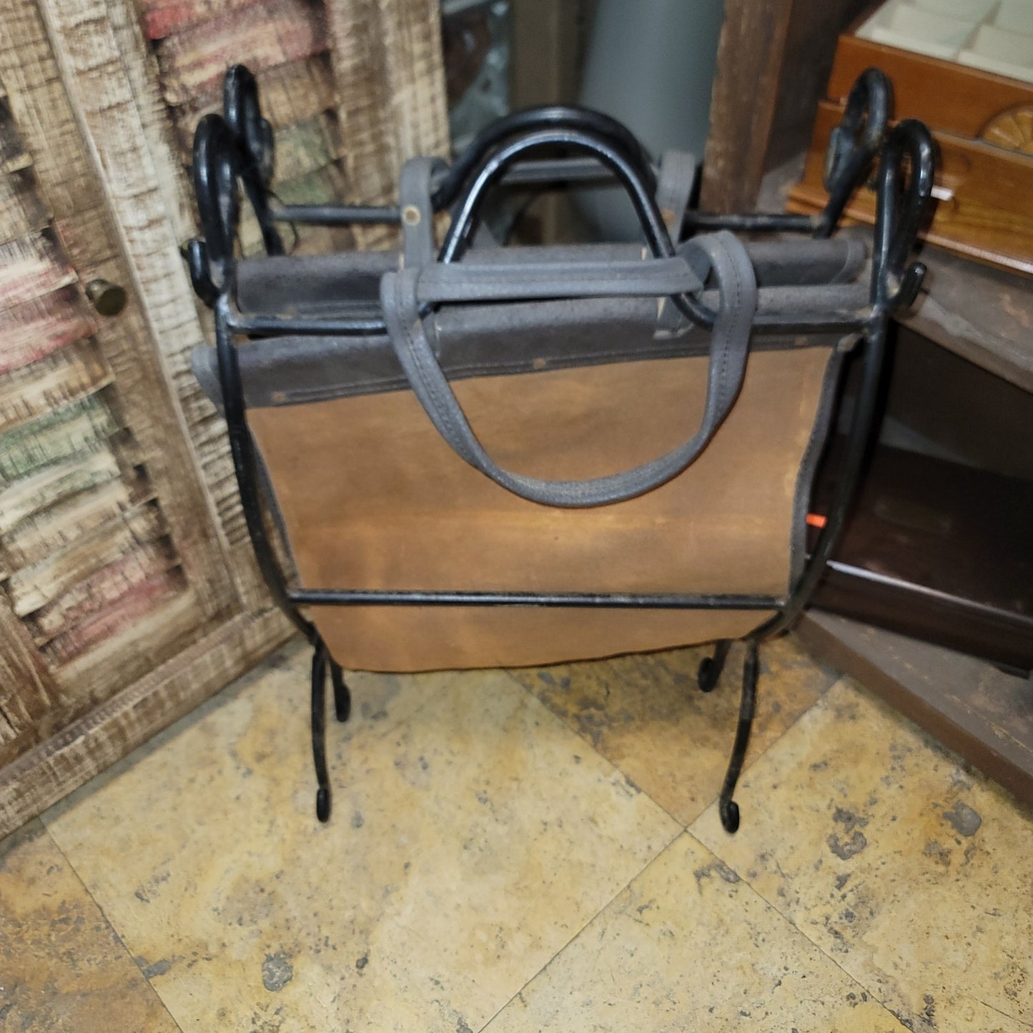 vintage black Wrought iron fireplace log holder suede leather carrier log tote