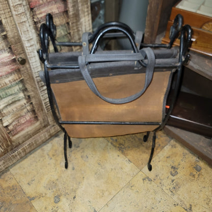 vintage black Wrought iron fireplace log holder suede leather carrier log tote