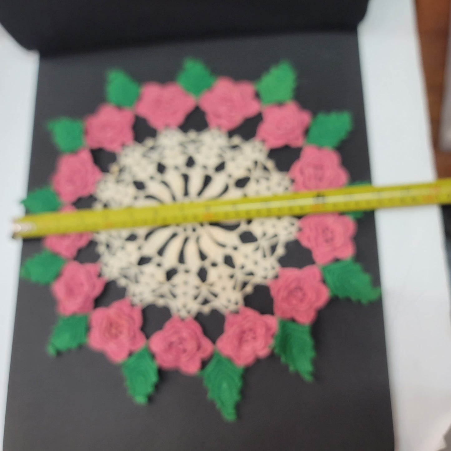 Vintage raised cream and pink and green Irish rose doily handmade crochet doilie