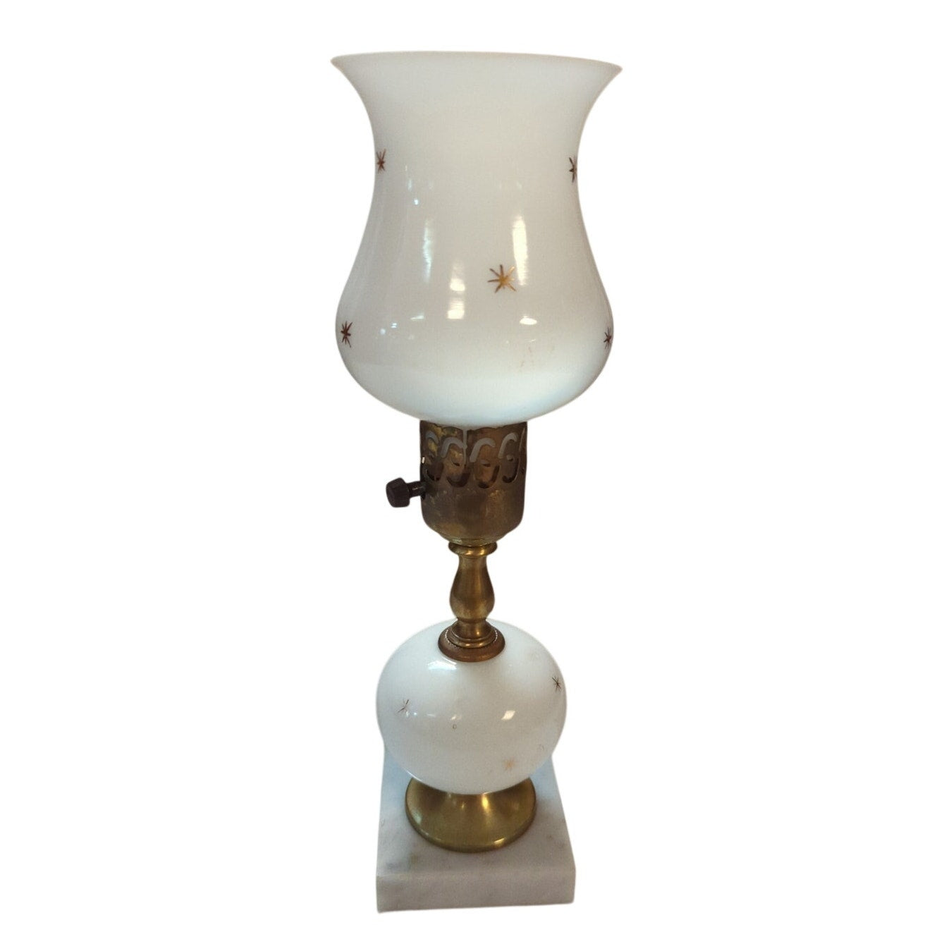 Vintage Mid-Century Milk Glass Hurricane Table Lamp Gold Starburst Marble Base