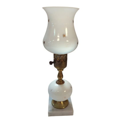Vintage Mid-Century Milk Glass Hurricane Table Lamp Gold Starburst Marble Base